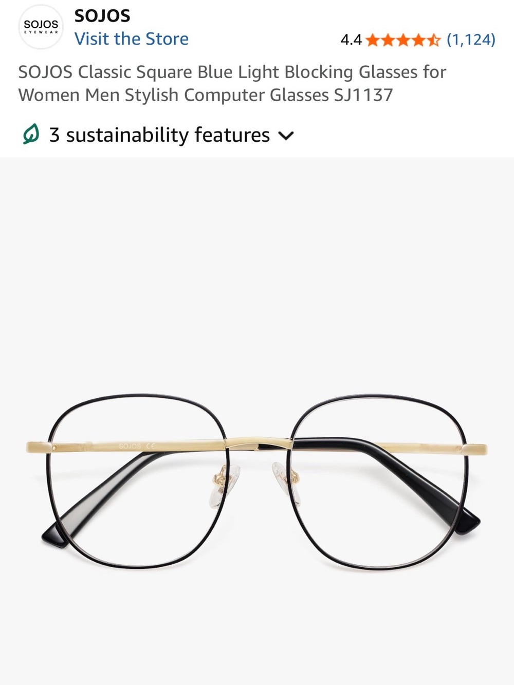 SOJOS Women’s Black & Gold Blue Light Glasses – Classic Square Frame